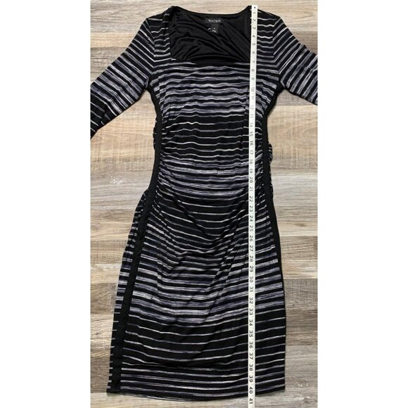 White House Black Market Striped Black Gray Ruched 3/4 Sleeve Dress Square Small - Picture 11 of 16